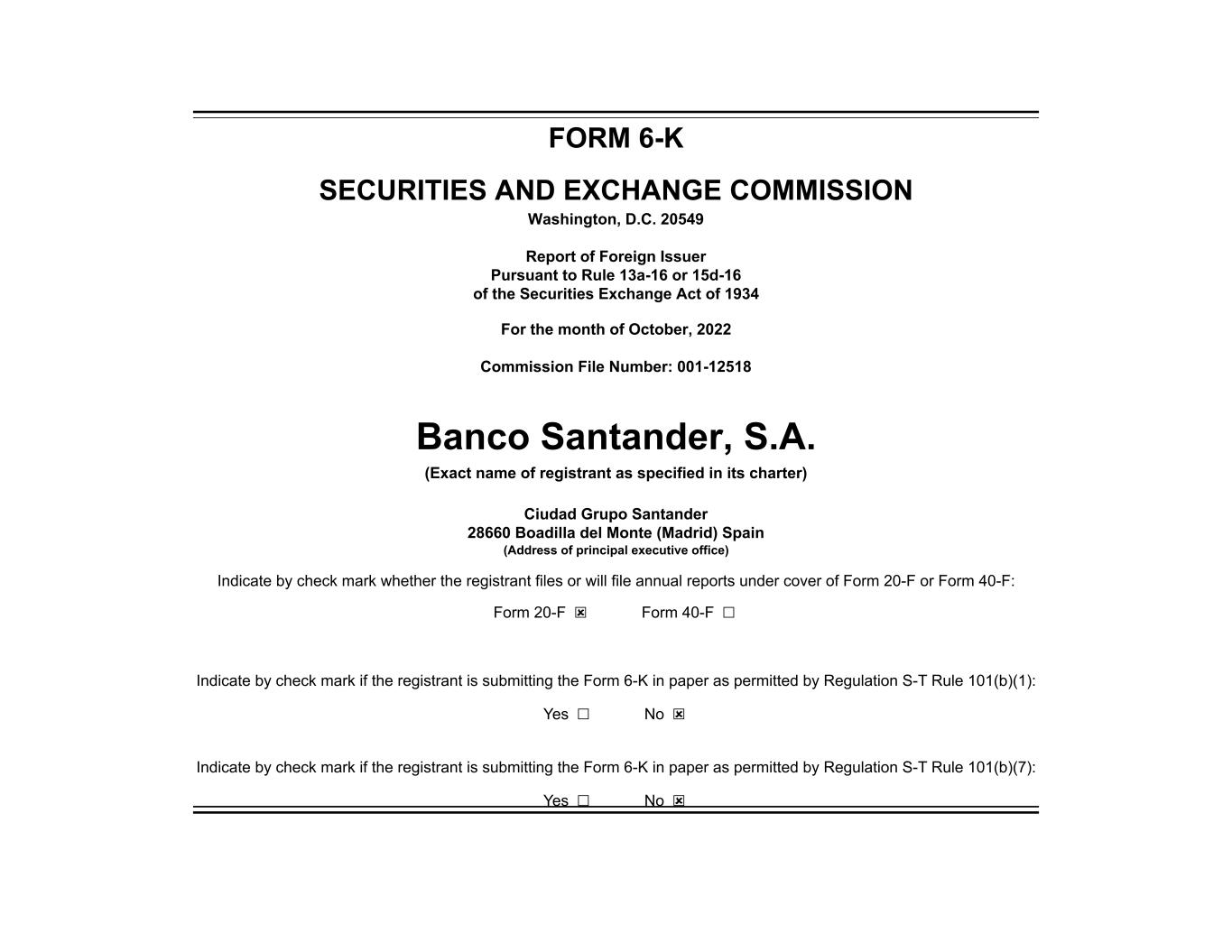 Form 6-K Banco Santander, S.A. For: Sep 30