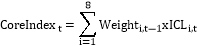 Formula:CoreIndext=i=18Weighti,t-1xICLi,t