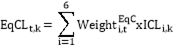 Formula:EqCLt,k=i=16Weighti,tEqCxICLi,k