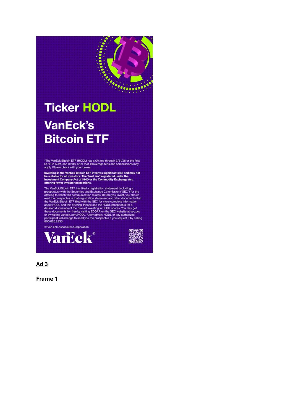 Form FWP VanEck Bitcoin ETF Filed by: VanEck Bitcoin ETF