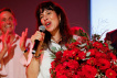 Die Linke (the Left) party top candidate Elif Eralp speaks as exit polls are announced after voting ended in the Berlin state election, in Berlin, Germany, September 20, 2026. REUTERS/Axel Schmidt